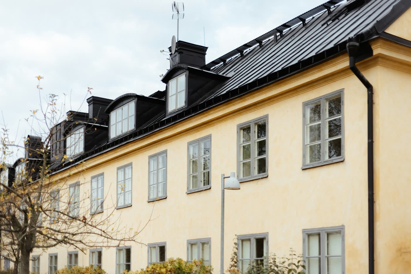 Gult flerfamiljshus med svart plåttak och takkupor längs en svensk gata, med höstträd och lyktstolpe i förgrunden